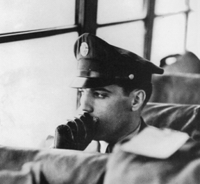 Elvis Presley picture in army uniform on bus to camp